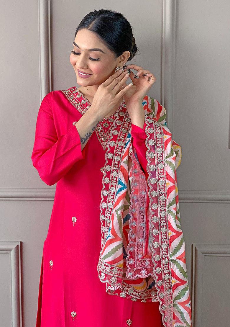 Pink Embroidered Viscose Kurta Set