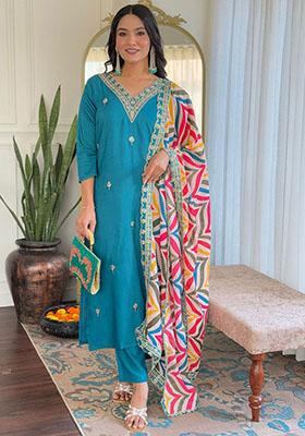 Blue Embroidered Viscose Kurta Set
