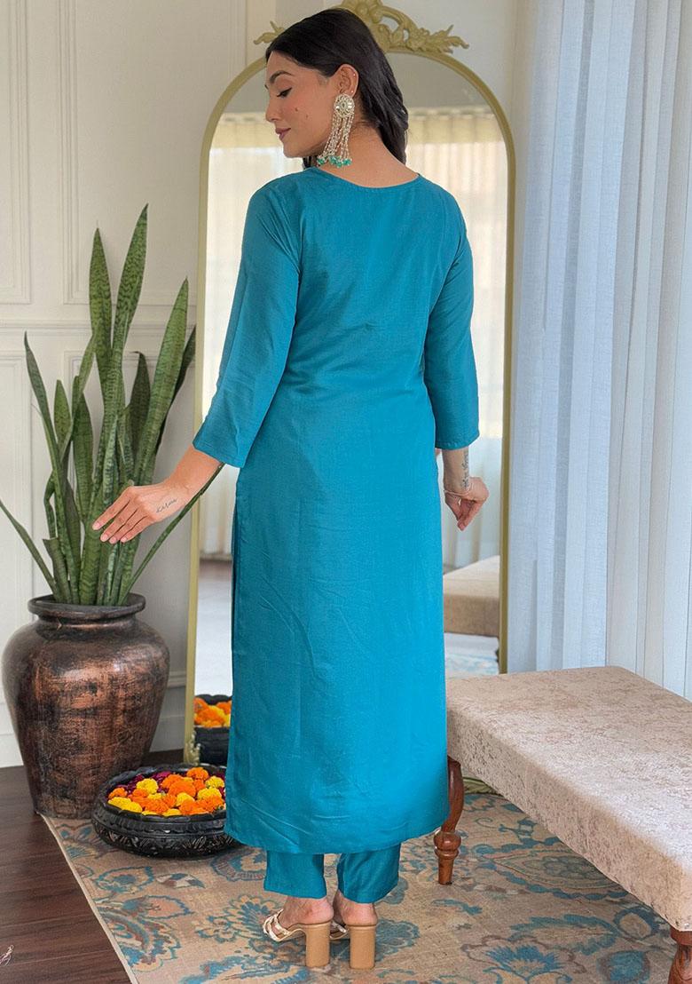 Blue Embroidered Viscose Kurta Set