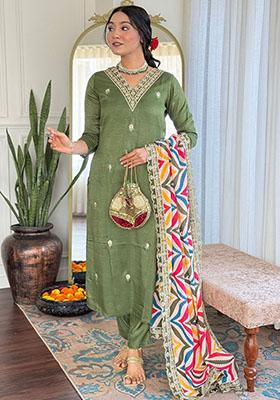 Green Embroidered Viscose Kurta Set