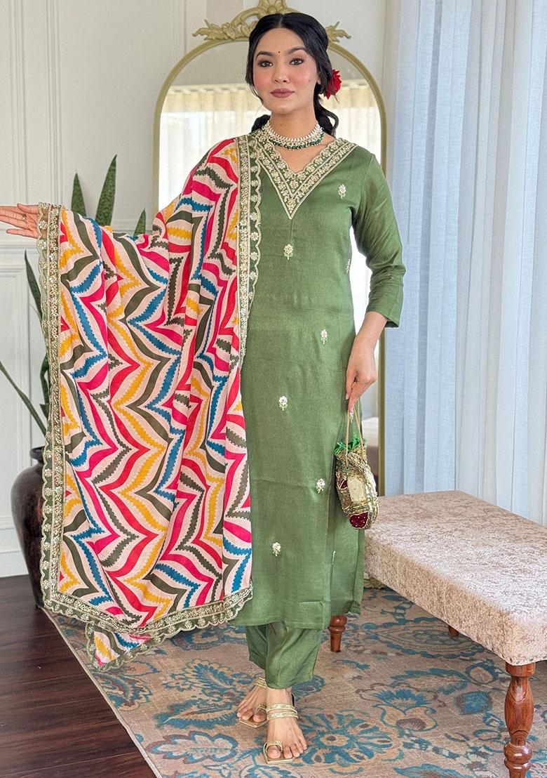 Green Embroidered Viscose Kurta Set