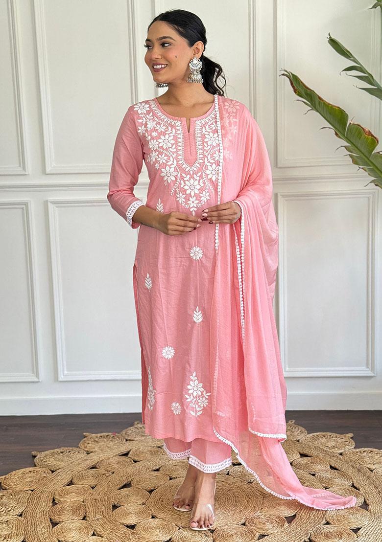Pink Embroidered Cotton Kurta Set
