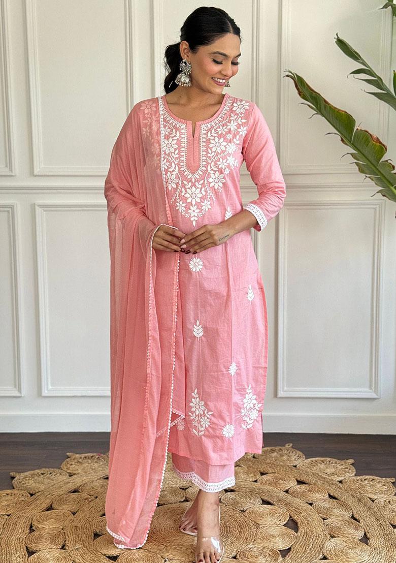 Pink Embroidered Cotton Kurta Set