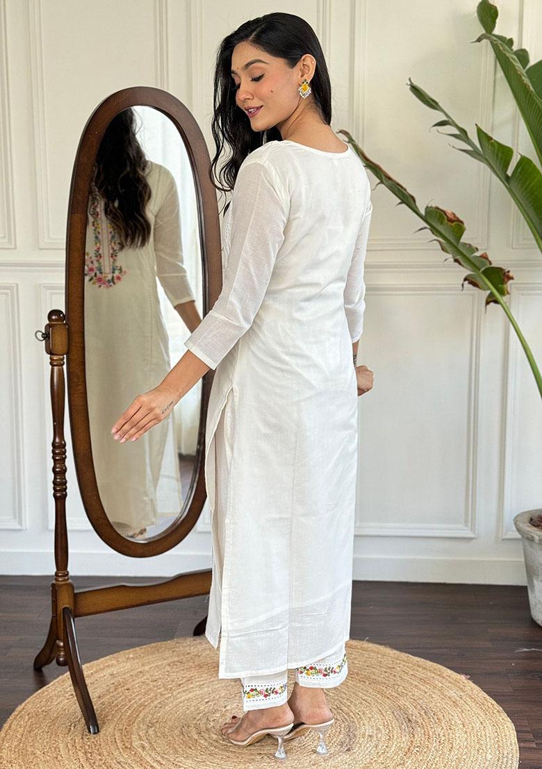 White Embroidered Viscose Kurta Set