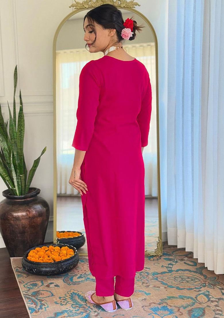 Pink Embroidered Rayon Kurta Set