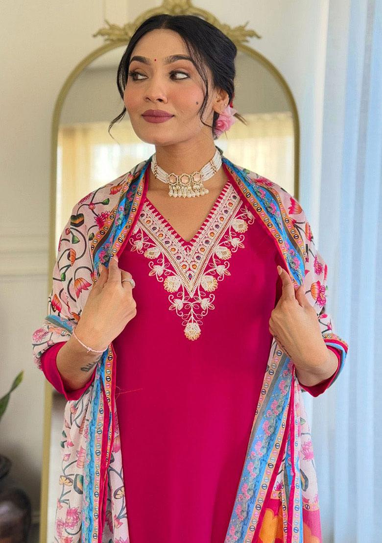 Pink Embroidered Rayon Kurta Set