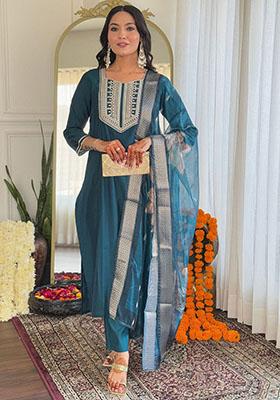 Blue Sequin Embroidered Viscose Kurta Set