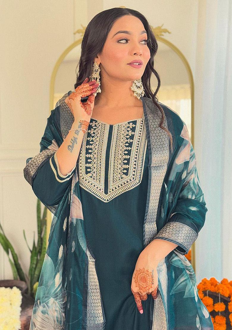 Blue Sequin Embroidered Viscose Kurta Set
