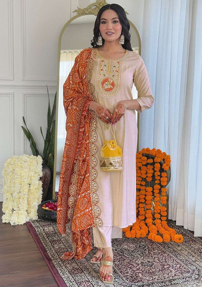 Beige Embroidered Viscose Kurta Set - Indya