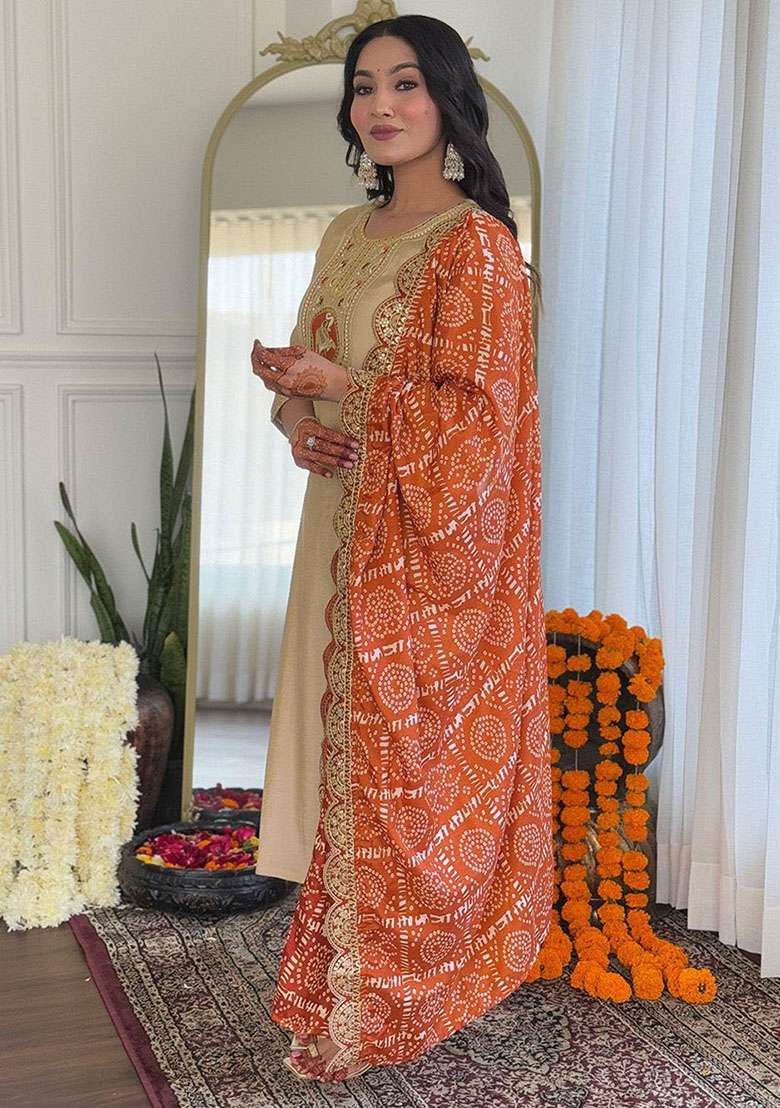 Beige Embroidered Viscose Kurta Set - Indya