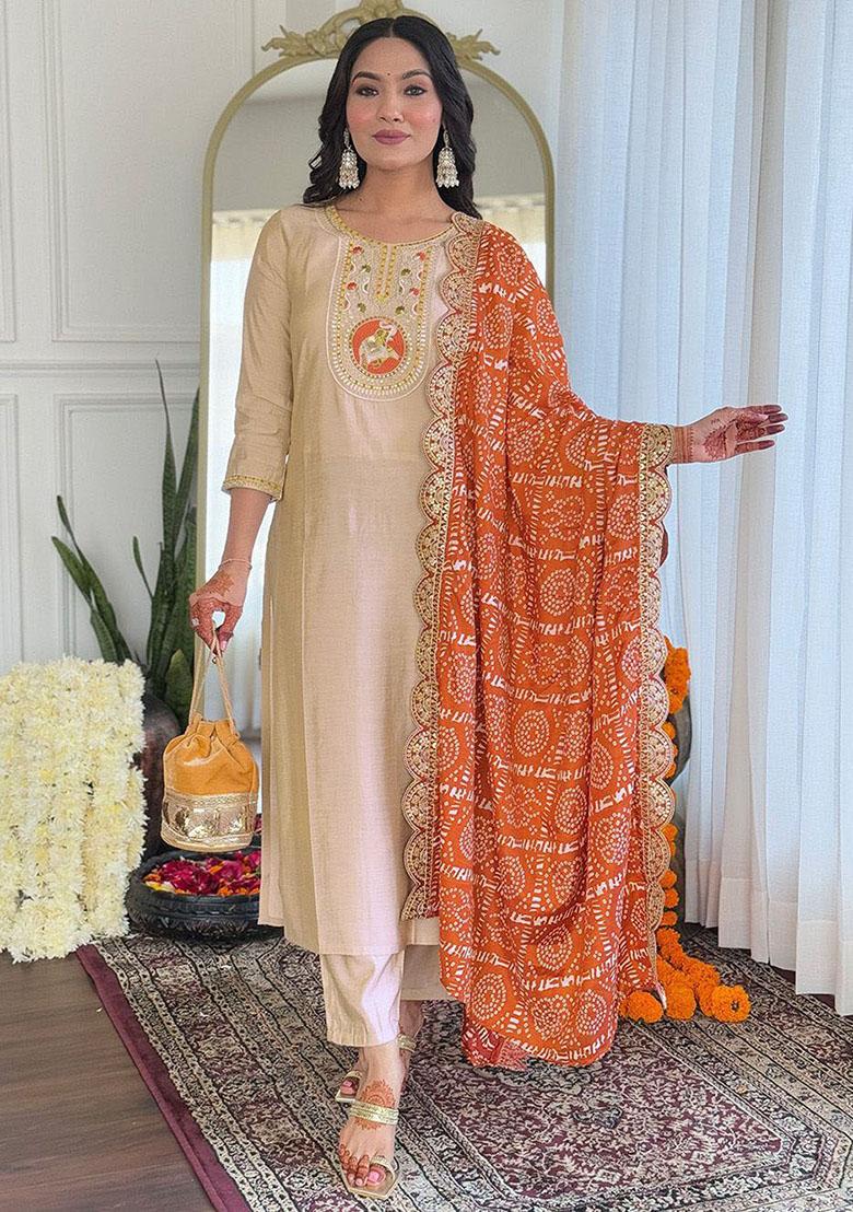 Beige Embroidered Viscose Kurta Set