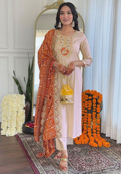 Beige Embroidered Viscose Kurta Set