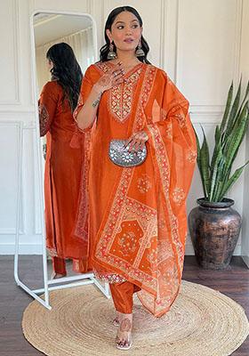 Orange Embroidered Viscose Kurta Set