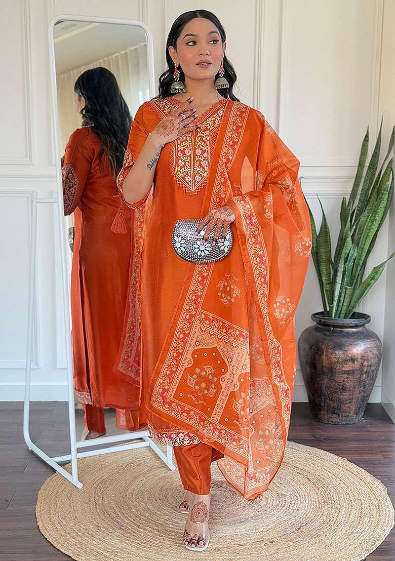 Orange Embroidered Viscose Kaftan Set - Indya