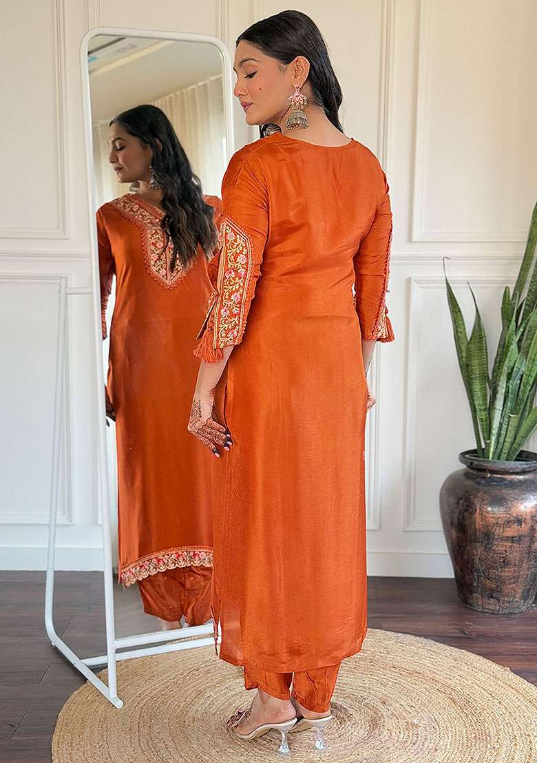 Orange Embroidered Viscose Kaftan Set - Indya