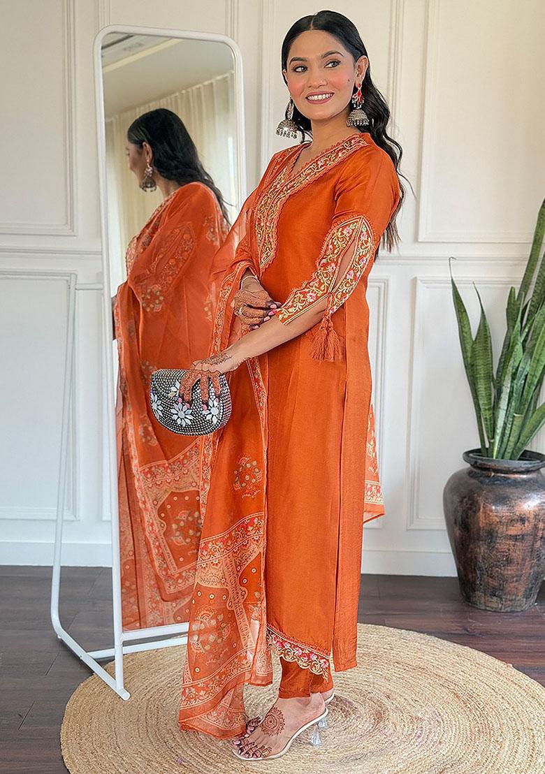 Orange Embroidered Viscose Kurta Set
