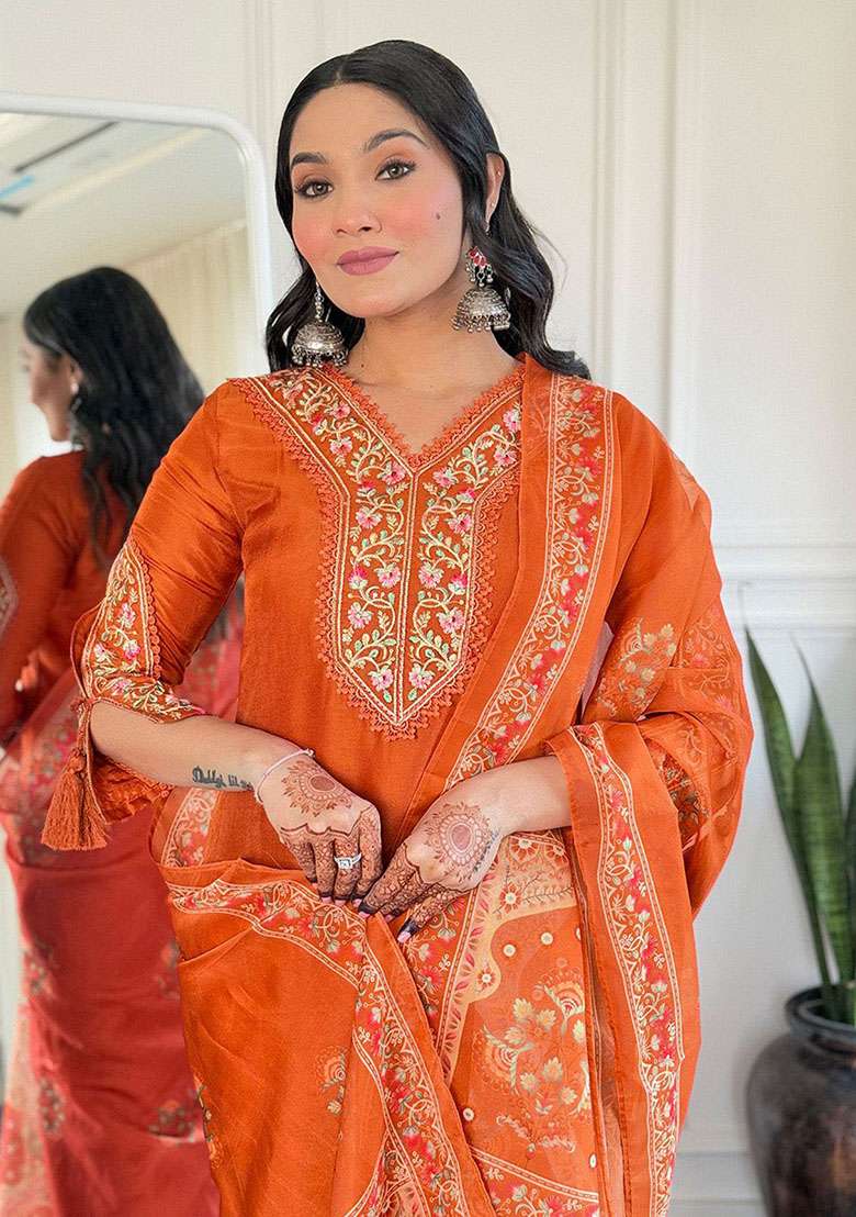 Orange Embroidered Viscose Kaftan Set - Indya