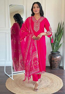 Pink Embroidered Viscose Kurta Set