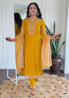 Yellow Embroidered Viscose Kurta Set