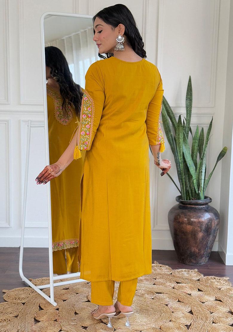 Yellow Embroidered Viscose Kurta Set