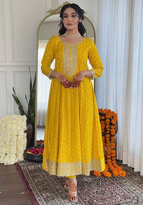 Yellow Bandhani Print Silk Kurta Set