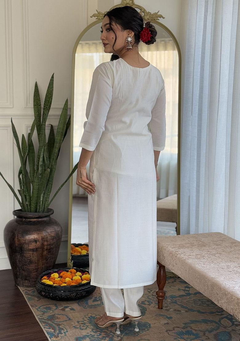 Off White Printed Silk Kurta Set