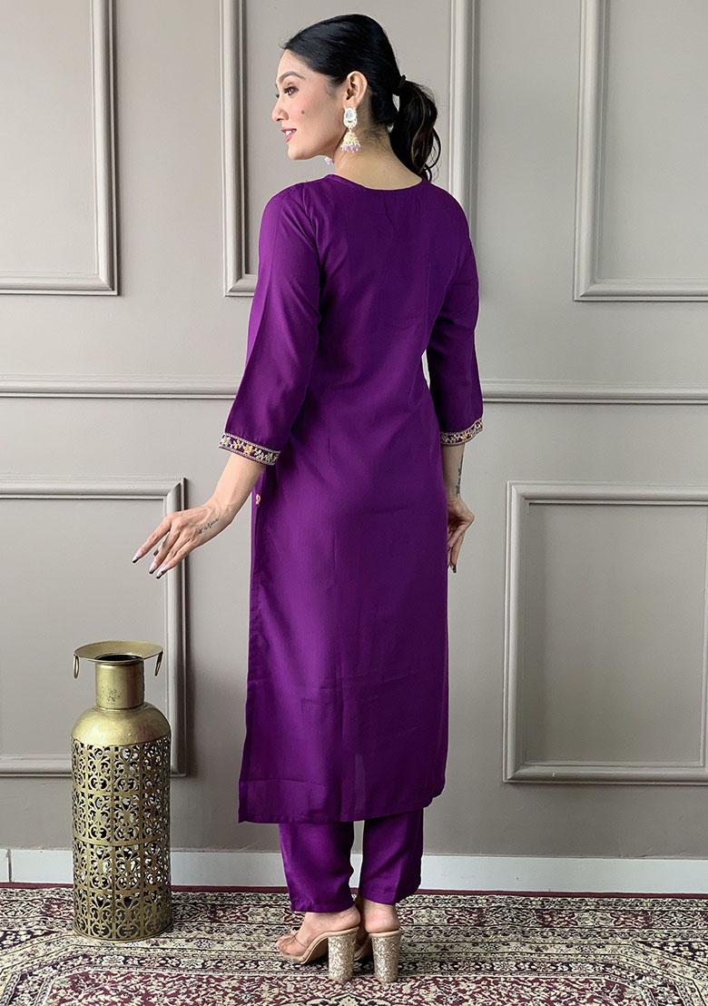 Purple Embroidered Rayon Kurta Set