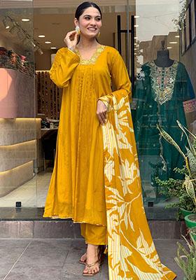 Yellow Printed Chinon Kurta Set