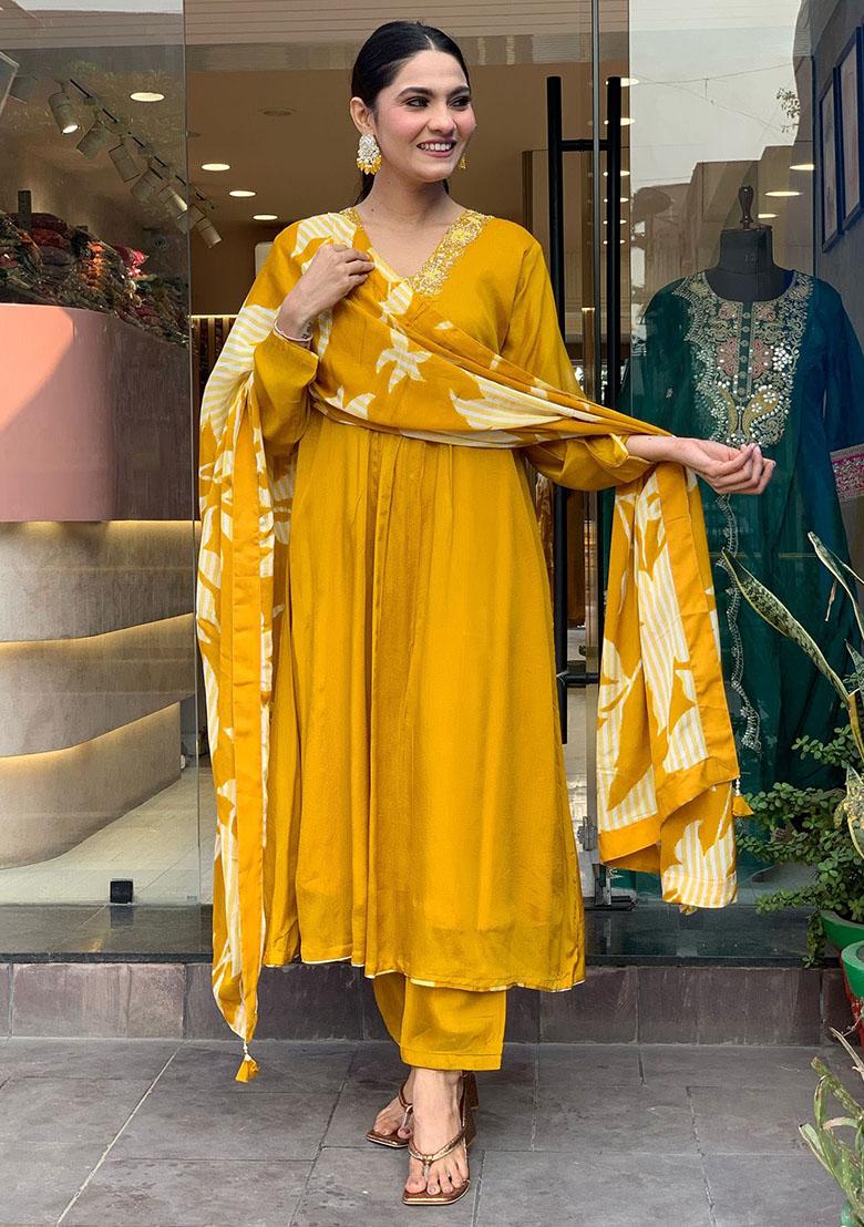 Yellow Printed Chinon Kurta Set