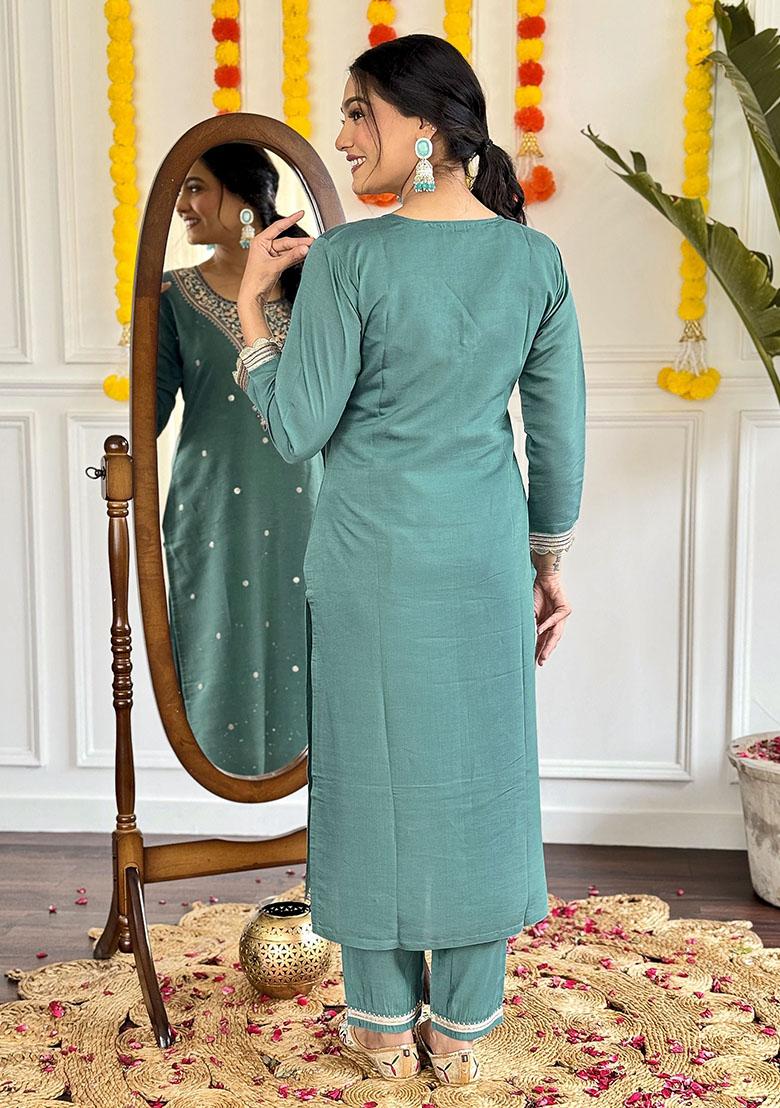 Green Embroidered Viscose Kurta Set