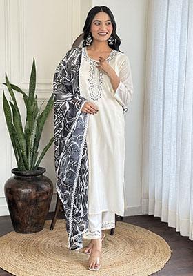 White Embroidered Viscose Kurta Set