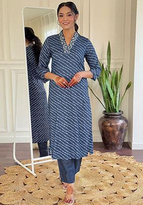 Blue Printed Silk Kurta Set