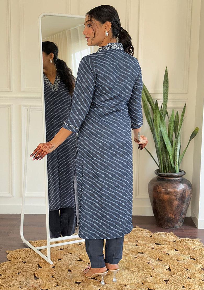 Blue Printed Silk Kurta Set