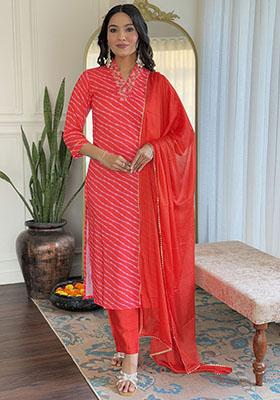 Red Printed Silk Kurta Set
