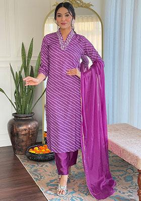 Purple Printed Chinon Kurta Set