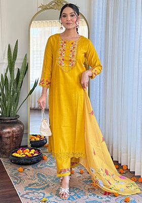 Yellow Floral Print Silk Kurta Set