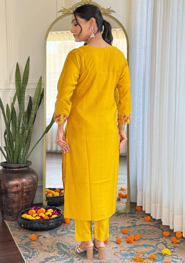 Yellow Floral Print Silk Kurta Set
