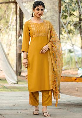 Yellow Jacquard Rayon Slub Kurta Set