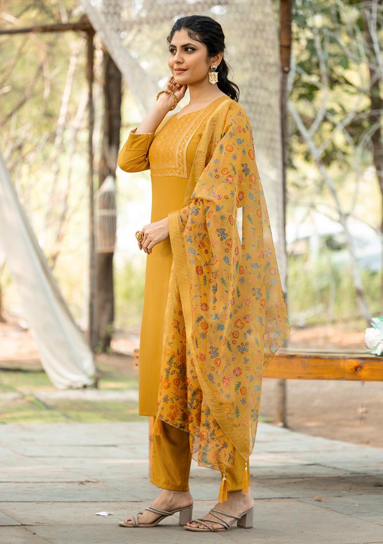 Yellow Jacquard Rayon Slub Kurta Set