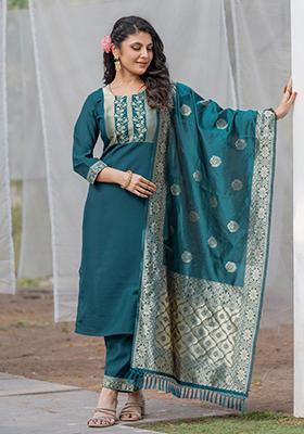 Blue Jacquard Rayon Slub Kurta Set