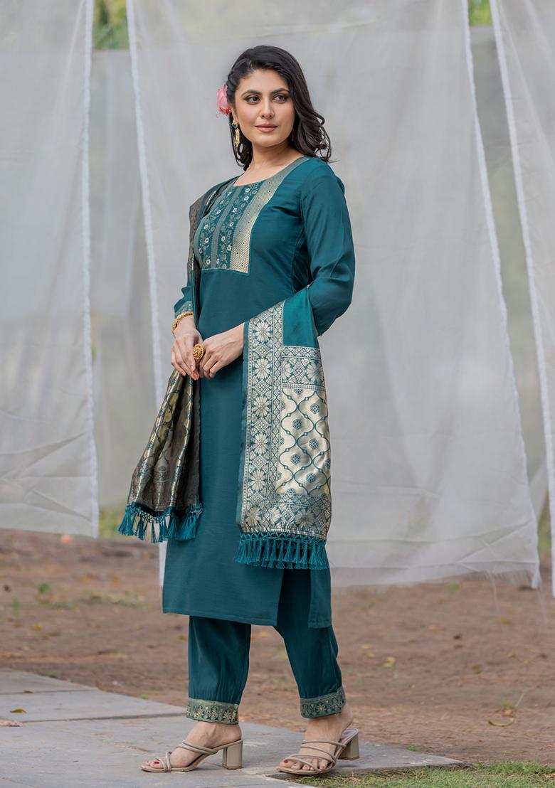 Blue Jacquard Rayon Slub Kurta Set