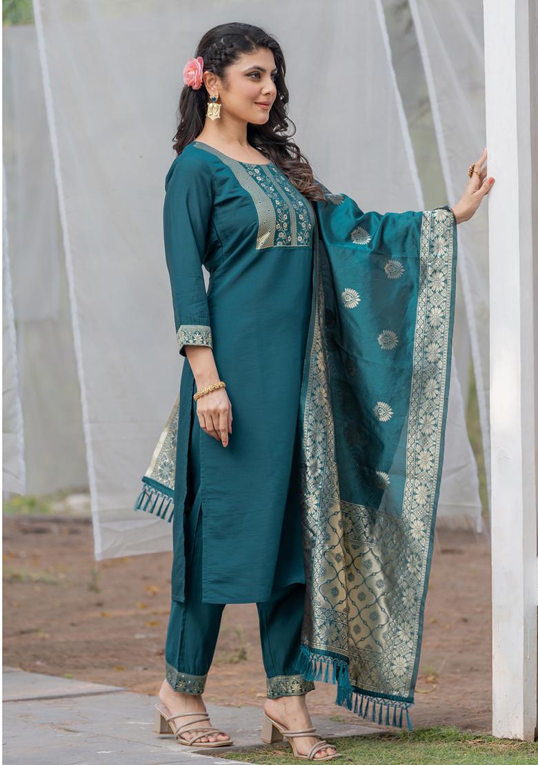 Blue Jacquard Rayon Slub Kurta Set