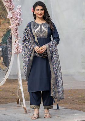 Blue Embroidered Rayon Slub Kurta Set