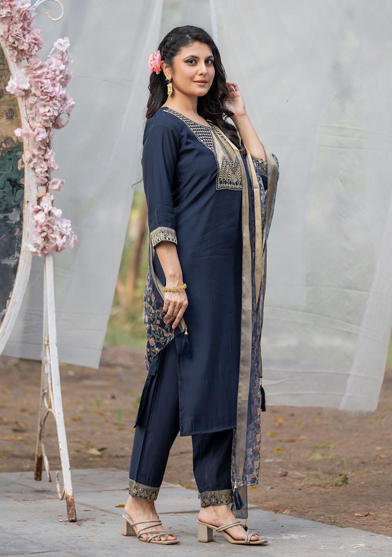 Blue Embroidered Rayon Slub Kurta Set