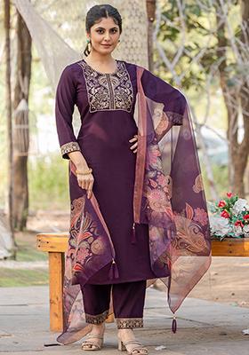 Wine Embroidered Silk Kurta Set