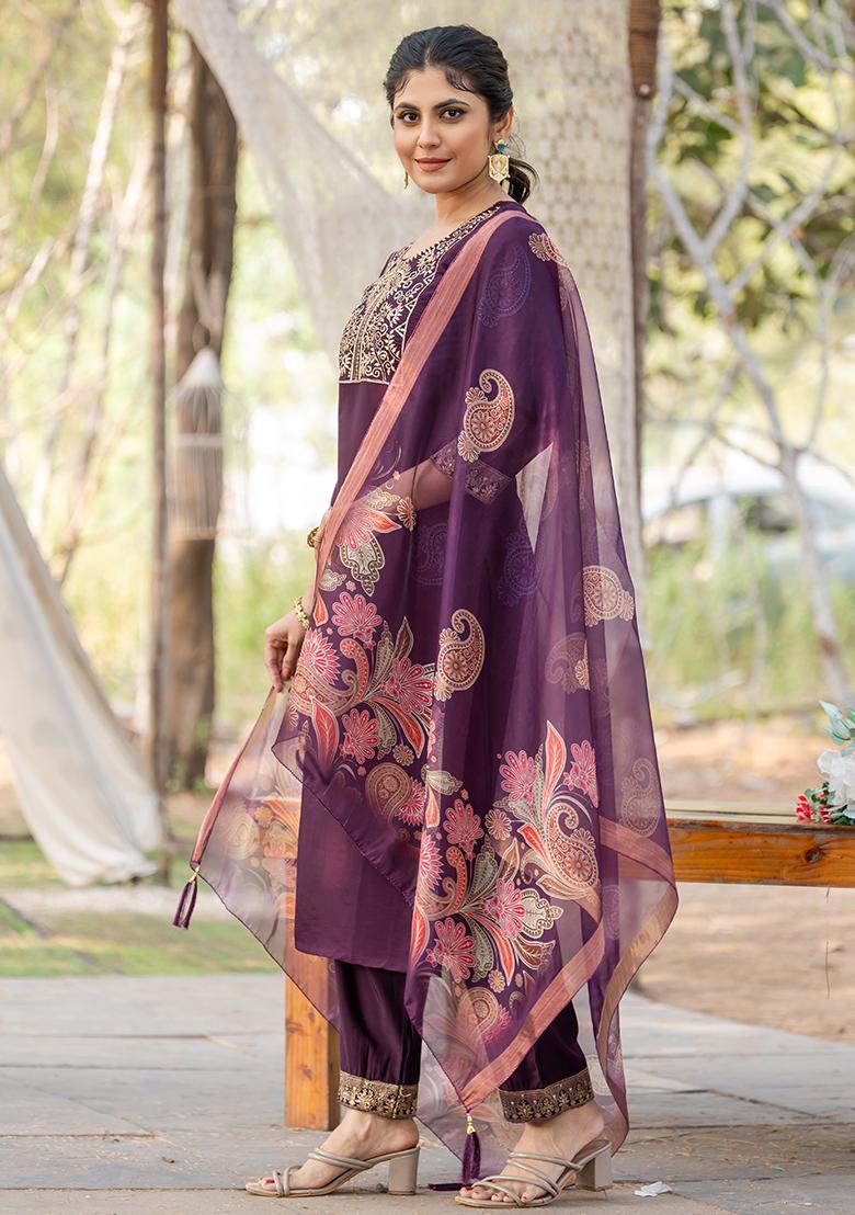Wine Embroidered Silk Kurta Set