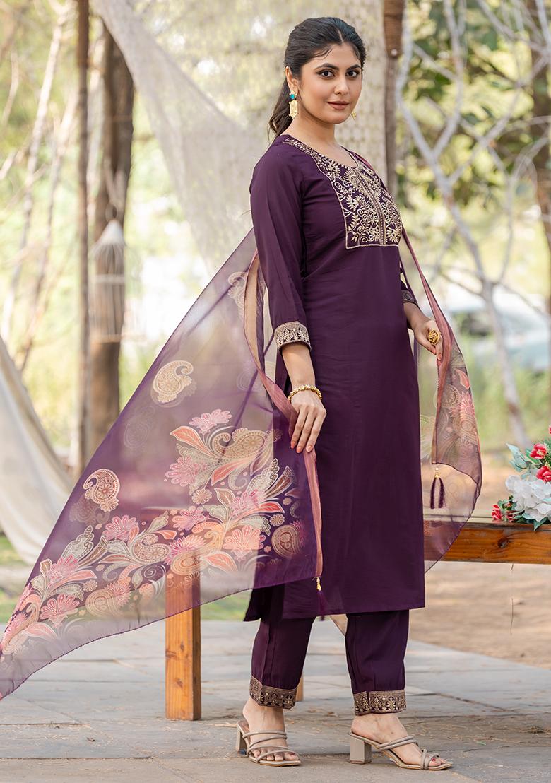 Wine Embroidered Silk Kurta Set