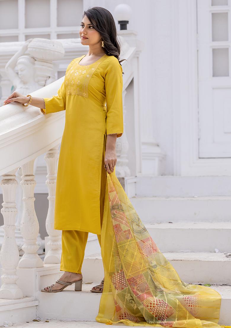 Yellow Jacquard Silk Kurta Set