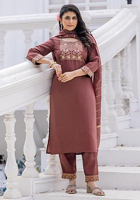 Brown Jacquard Silk Kurta Set