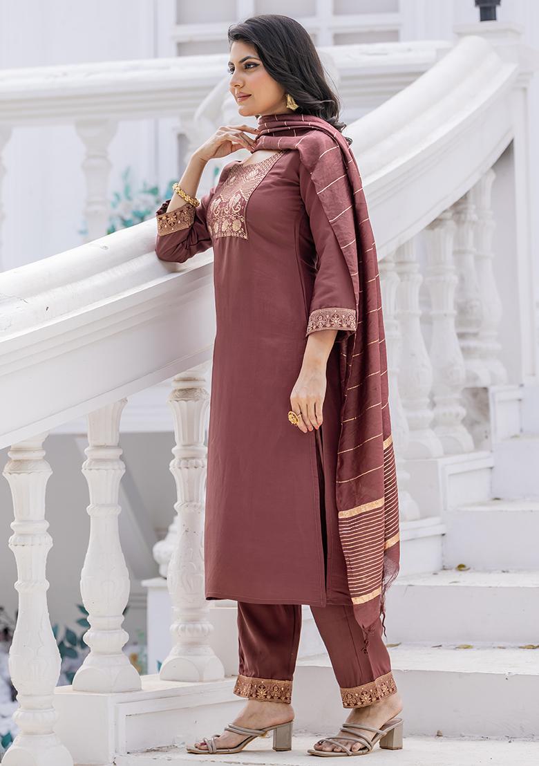 Brown Jacquard Silk Kurta Set